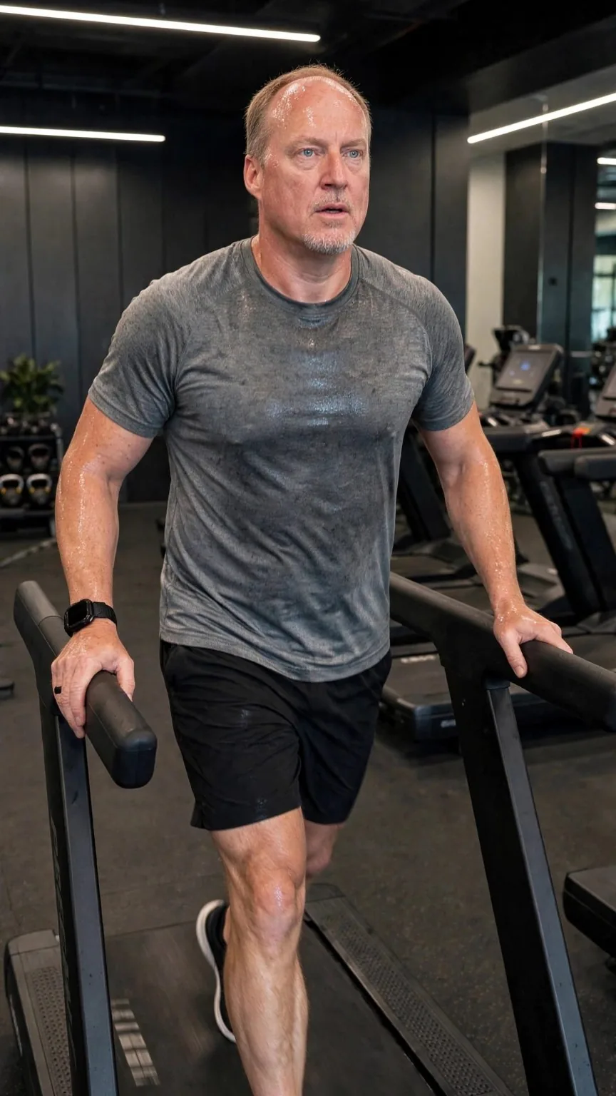 AI brand image of Cameron walking on a treadmill in a gray shirt