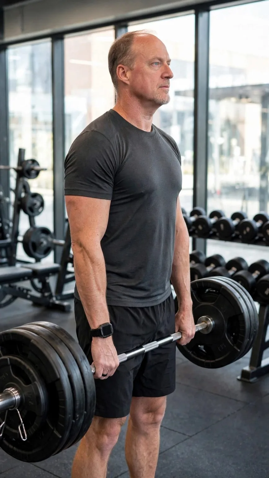 AI brand image of Cameron holding a barbell in a gym